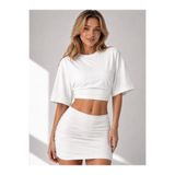 MİLANDORE Kadın Beyaz Bisiklet Yaka Yarasa Kol Crop T-shirt