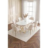 Milano Gold Serisi 90X168 Mdf Masa Metal Ayak Yemek Mutfak Takımı +6 Adet Silinebilir Sandalye - Krem