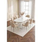 Milano Gümüş Serisi 90X168 Mdf Masa Metal Ayak Yemek Mutfak Takımı +6 Adet Silinebilir Sandalye - Cappuccino