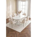 Milano Gümüş Serisi 90X168 Mdf Masa Metal Ayak Yemek Mutfak Takımı +6 Adet Silinebilir Sandalye - Krem