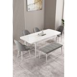 Milas Beyaz 80X132 Mdf Açılabilir Yemek Masası Takımı 4 Sandalye, 1 Bench - Gri