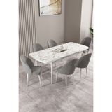 Milas Beyaz Mermer Desen 80X132 Mdf Açılabilir Yemek Masası Takımı 6 Adet Sandalye - Gri