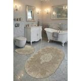 Milas Kaymaz Taban, Kadife Dantel Detaylı 2'li Süper Lüks Oval Banyo Paspası Seti, Kahverengi, 60x100 cm