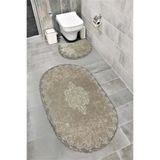 Milas Kaymaz Taban, Kadife Dantel Detaylı 2'li Süper Lüks Oval Banyo Paspası Seti, Koyu Kahverengi