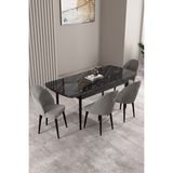 Milas Siyah Mermer Desen 80X132 Mdf Açılabilir Yemek Masası Takımı 4 Adet Sandalye - Gri