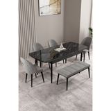 Milas Siyah Mermer Desen 80X132 Mdf Açılabilir Yemek Masası Takımı 4 Sandalye, 1 Bench - Gri