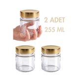 Milea 2 Adet Altın Rengi Derin Kapaklı Şeffaf Reçel Sos Konserve Fıstık Ezmesi Tahin Pekmez Cam Kavanozu 255 ML