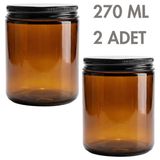 Milea 2 Adet Metal Siyah Kapaklı Amber Cam Mumluk Krem Oda Kokusu Kavanozu 270 ml - Medium Amber