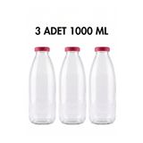 Milea 3 Adet Sızdırmaz Plastik Kırmızı Kapaklı Şeffaf Cam Süt Ayran Limonata Meşrubat Şişesi 1000 Ml