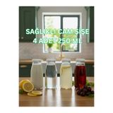 Milea 4 ADET Şeffaf Sürahi Süt, Ayran, Limonata, Meşrubat Şişesi 250 ML Beyaz Plastik Kapaklı Cam Şişe