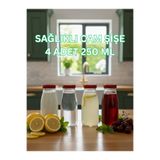 Milea 4 ADET Şeffaf Sürahi Süt, Ayran,Limonata, Meşrubat Şişesi 250 ML Kırmızı Plastik Kapaklı Cam Şişe