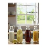 Milea 4 ADET Sürahi Süt, Ayran,Limonata, Meşrubat Şişesi Beyaz Plastik Kapaklı 1000 ml Şeffaf Cam Şişe