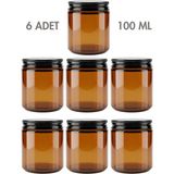 Milea 6 Adet Metal Siyah Kapaklı Amber Cam Mumluk Krem Kozmetik Oda Kokusu Dekoratif Kavanozu 100 ml - Medium Amber