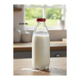 Milea Sızdırmaz Kırmızı Kapaklı Şeffaf Cam Süt Ayran Limonata Meşrubat Sosluk Suluk Şişesi 1000 ml