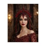 Milena Collection Kırmızı Taşlı Alınlıklı Taç- Kına, Nişan ve Özel Gün Püsküllü Gelin Tacı
