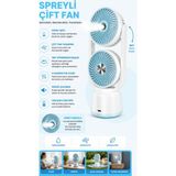 Milena Life Spreyli Çift Başlıklı Şarjlı Mini Vantilatör, USB Şarjlı Taşınabilir Fan, Sessiz Soğutucu Sprey Mist Fan, Ev Ofis Yaz Serinletici - Mavi