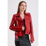 Milenni Kadın Deri Biker Ceket - Kırmızı - 2XL
