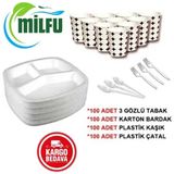 Milfu 3 Gözlü Köpük Tabak Kaşık Çatal Karton Bardak Eko Düğün Mevlüt Nişan Set 100 Adet Set
