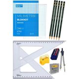 Milimetrik Teknik Çizim Seti 12 Parça 1 Paket Mavi Milimetrik Çizim Defteri Gönye Dereceli Kalem Metal Pergel Silgi Kale