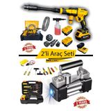 Millian Basınçlı 10 Pilli Çift Akülü Şarjlı Oto Yıkama Makinesi + Çift Pistonlu 12 V Kompresör ve Tamir Seti