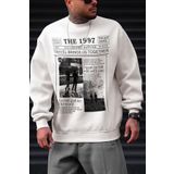 Millionaire Erkek Kırık Beyaz Krem Ekru 1997 Baskılı 0 Sıfır Yaka Oversize Salaş Bol Kesim Polar Sweatshirt