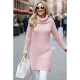Millionaire Kadın Açık Pembe Degaje Boğazlı Yaka Kalın Örgü İtalyan Kol Yırtmaçlı Uzun Tunik Elbise Triko Kazak