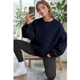 Millionaire Kadın Lacivert Basic 0 Sıfır Yaka Baskısız Düz Oversize Salaş Bol Kesim Polar Sweatshirt