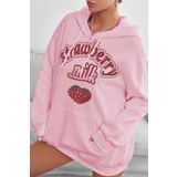 Millionaire Kadın Pembe Çilek Baskılı 3 Iplik Şardonlu Kapüşonlu Kanguru Cepli Oversize Salaş Hoodie Sweatshirt