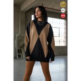 Millionaire Kadın Siyah Bej Büyük Baklava Desen Tunik S-M-L Beden Uyumlu Oversize Uzun Tunik Triko Kazak
