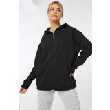 Millionaire Kadin Siyah Kapüşonlu Fermuarlı 3 Üç Iplik Polar Kanguru Oversize Salaş Sweatshirt Zip Up Hoodie