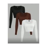 MİLYA&GYM Kadın 3'Lü Paket Pamuklu Vücudu saran fitilli kumaş KARE YAKA UZUN KOLLU crop bluz