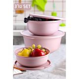 Mim Life 3' Lü Çok Amaçlı Saklama Kabı Yuvarlak Plastik Mürdüm Renk ( 1 Lt - 2 Lt - 4 Lt ) - Pembe