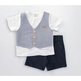 Mimbo Kids Erkek Çocuk Yelek Model Tişört Şort 2 Li Takım - Lacivert - Beyaz - 3 - 4 Yaş