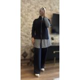 MİMİ Luxury Wear Kadın Siyah Çizgili Garnili Fermuarlı Tesettür İkili Takım