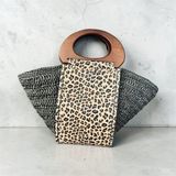 Mimoza Accessories Leopar Desenli Ahşap Saplı Hasır Kadın El Çantası – Şık Günlük Omuz & El Çantası - --Siyah