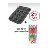 MİMOZA PARK 12 Li Muffin Kek Kalıbı + 100 Adet Kağıt Kek Kalıbı