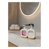 MİMOZA PARK 2 Adet 400 ml Bambu Altlıklı Tezgah Üstü Banyo Mutfak Sıvı Sabunluk Bulaşık Deterjanlık 3 Lü Set