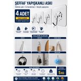 MİMOZA PARK 4 Adet Güçlü Şeffaf Duvar Askısı Askılığı Yapışkan Vantuz Kanca Mutfak Banyo Aksesuar