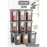 Mina 12'li Etiketli Büyük Boy Kare Erzak Saklama Kabı Seti Antrasit 12 x 1.10 Lt