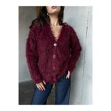 mina aise Kadın Bordo Peluş Oversize Triko Hırka 91