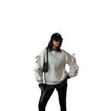MİNA AİSE Kadın Ekru 3 İplik Şardonlu Geniş Kesim Kurdele Detaylı Sweatshirt 28318