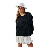 MİNA AİSE Kadın Siyah 3 İplik Şardonlu Fiyonklu Tasarım Geniş Kesim Sweatshirt 28155