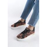 Mına Kahverengi Bağcıklı Ortopedik Taban Leopar Desenli Kadın Sneaker Spor Ayakkabı