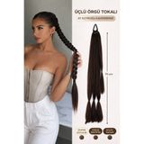 Mina Peruk Üçlü Örgü Tokalı At Kuyruğu Kahverengi 70 cm Ekstra Dolgun Postiş