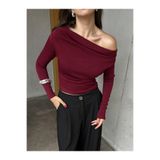 minaaise Kadın Bordo Uzun Kollu Düşük Omuz Bluz 30079