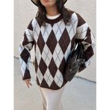 Minaaise Kadın Kahve Oversize Şardonlu Ekoseli Yumoş Kazak 5581 - Kahverengi - SREG