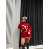 Minaaise Kadın Kırmızı Fiyonk Desenli Oversize Triko Kazak Yılbaşı Kazak 28356 - SREG