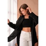 minaaise Kadın Siyah Modal Kumaş Uzun Asimetrik Kesim Oversize Tunik Gömlek 29005