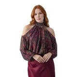 Minası Butik OMZU AÇIK ŞAL DESENLİ BELDEN LASTİKLİ BLUZ Bordo 42