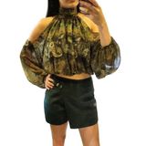 Minası Butik OMZU AÇIK ŞAL DESENLİ BELDEN LASTİKLİ BLUZ Haki 42